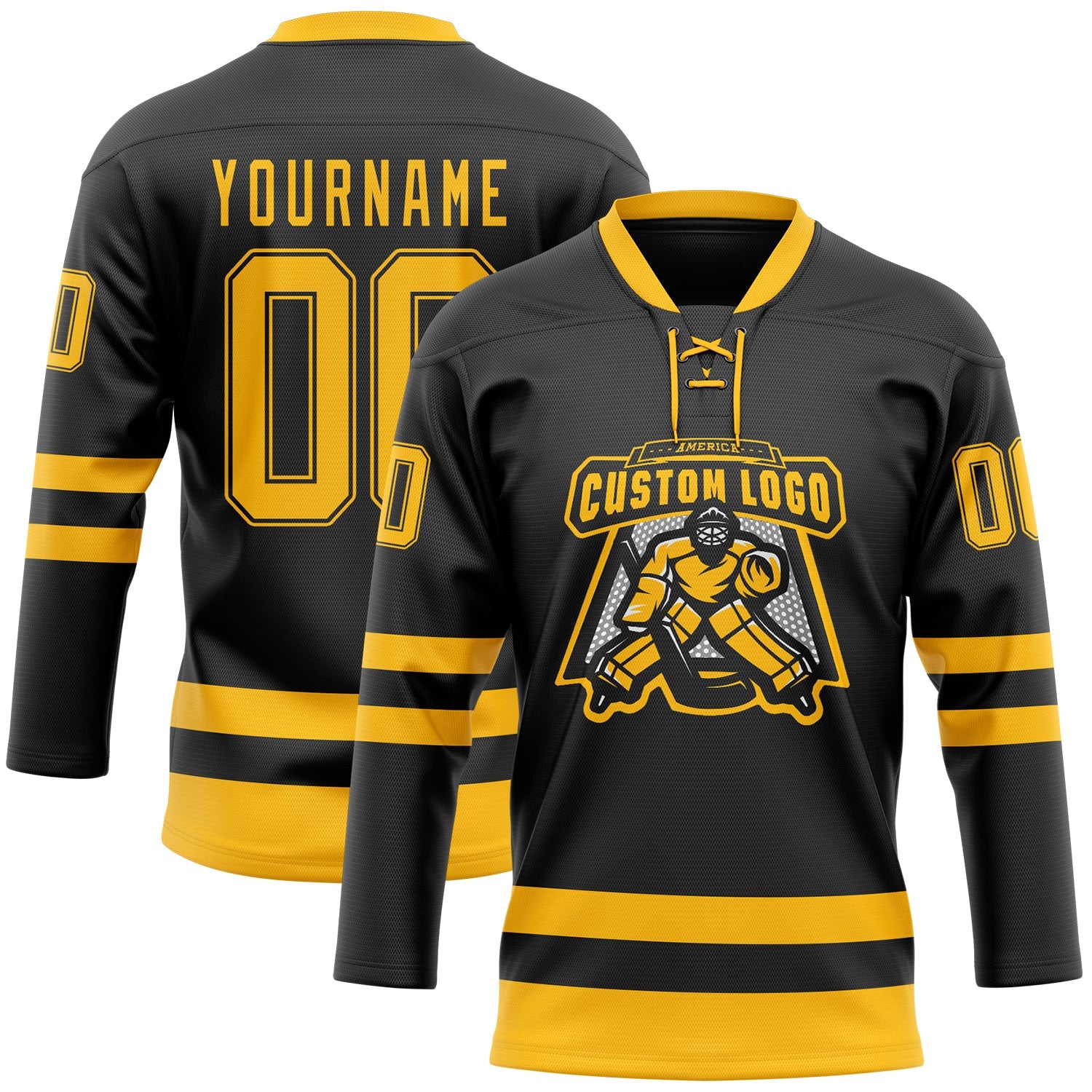 Custom Black Gold Hockey Lace Neck Jersey view 2