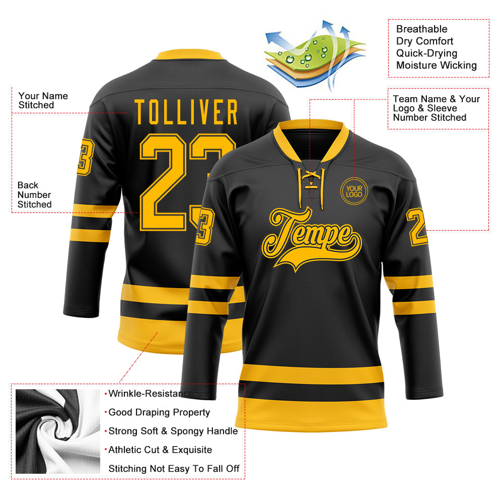 Custom Black Gold Hockey Lace Neck Jersey view 3