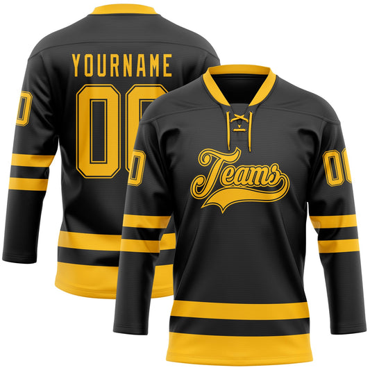 Custom Black Gold Hockey Lace Neck Jersey - Main View