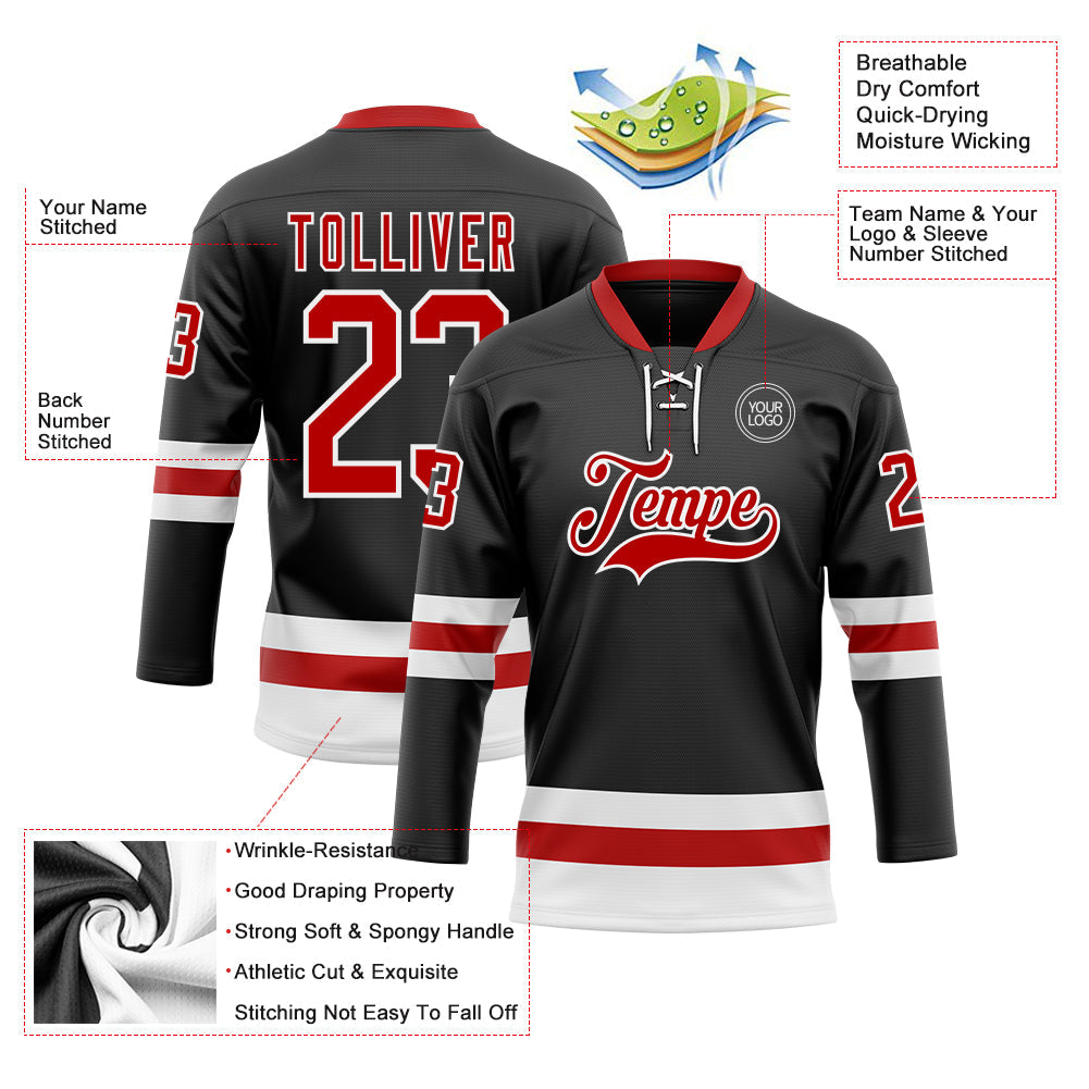 Custom Black Red-White Hockey Lace Neck Jersey view 3