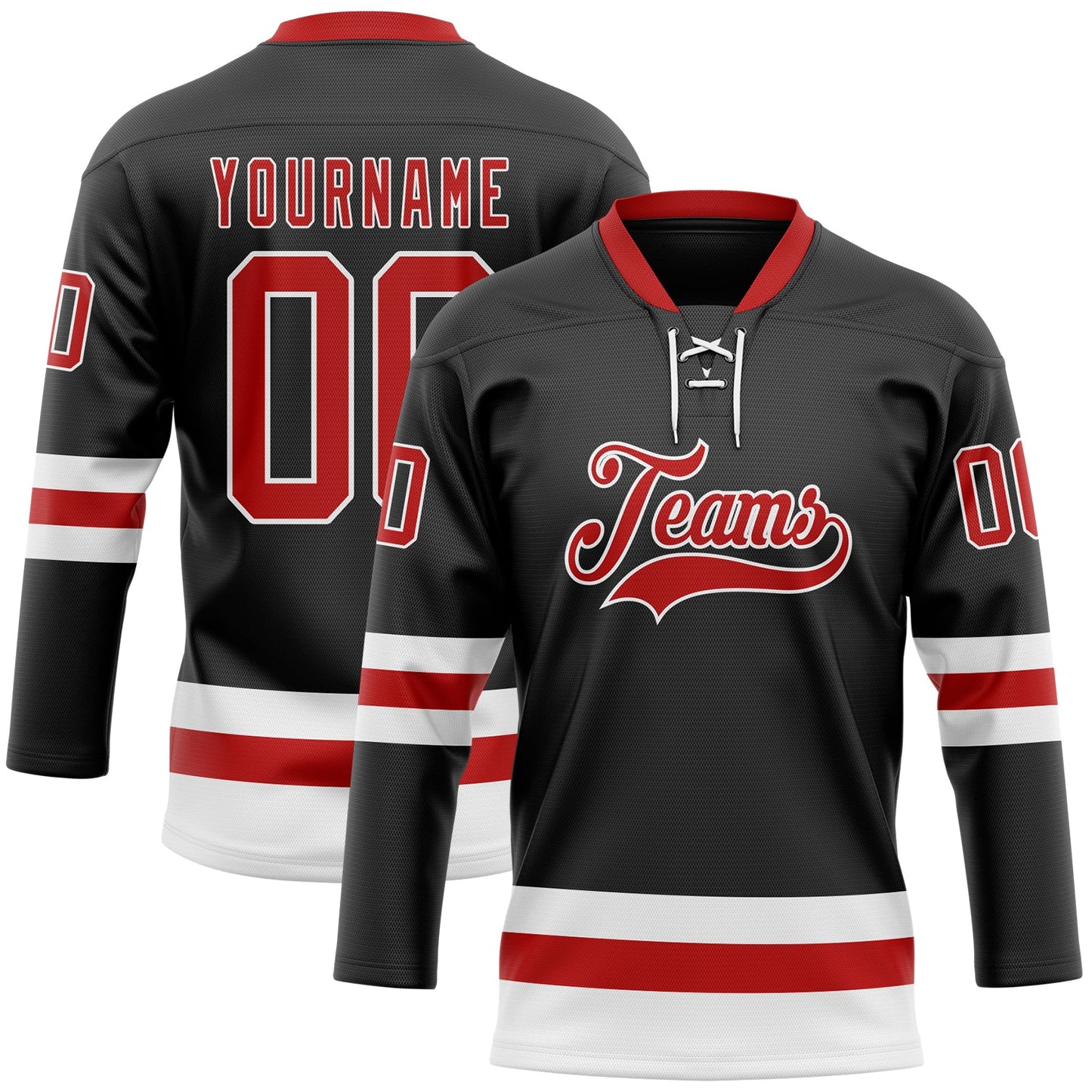 Custom Black Red-White Hockey Lace Neck Jersey - Main View