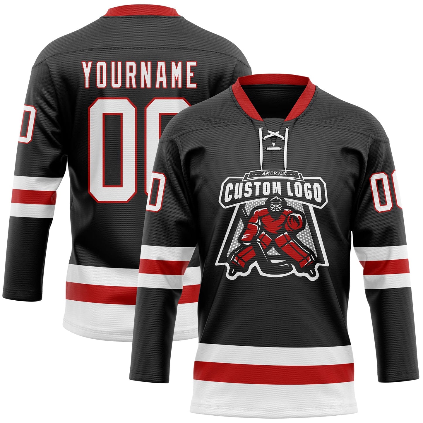 Custom Black White-Red Hockey Lace Neck Jersey view 2