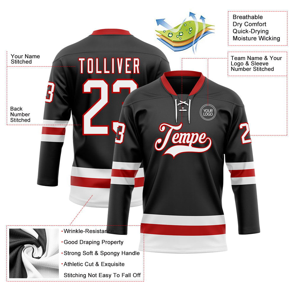 Custom Black White-Red Hockey Lace Neck Jersey view 3