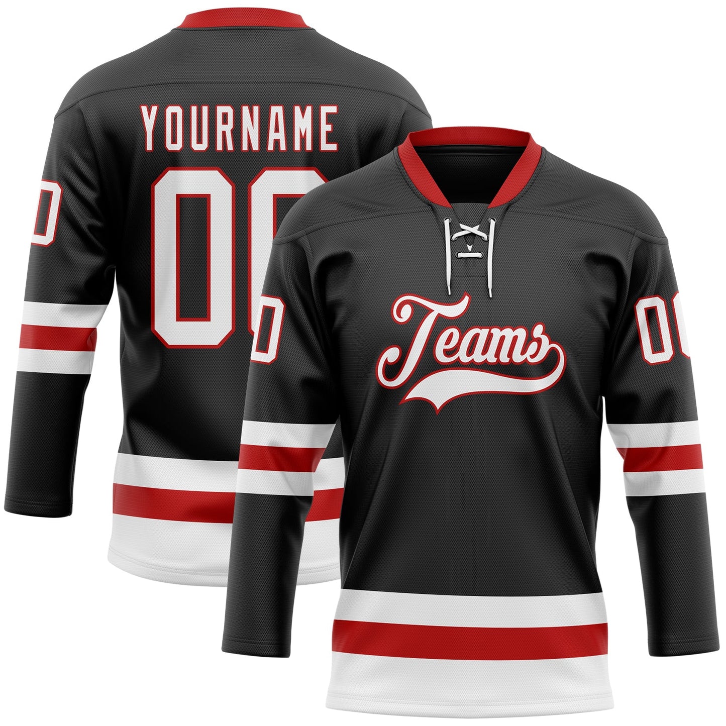 Custom Black White-Red Hockey Lace Neck Jersey - Main View