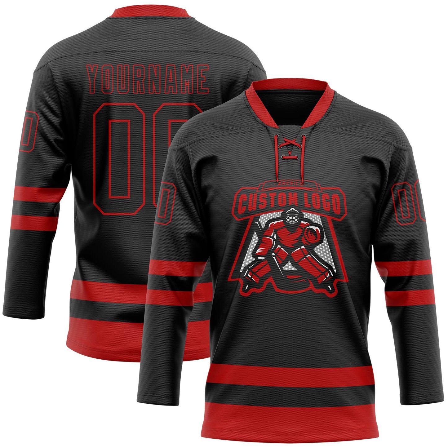 Custom Black Red Hockey Lace Neck Jersey view 2