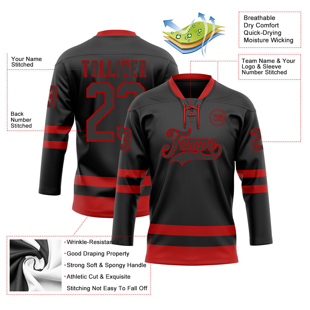 Custom Black Red Hockey Lace Neck Jersey view 3