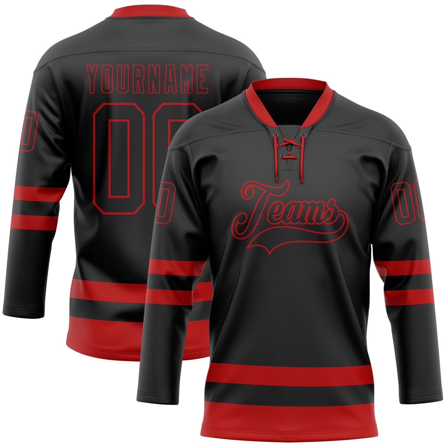 Custom Black Red Hockey Lace Neck Jersey - Main View