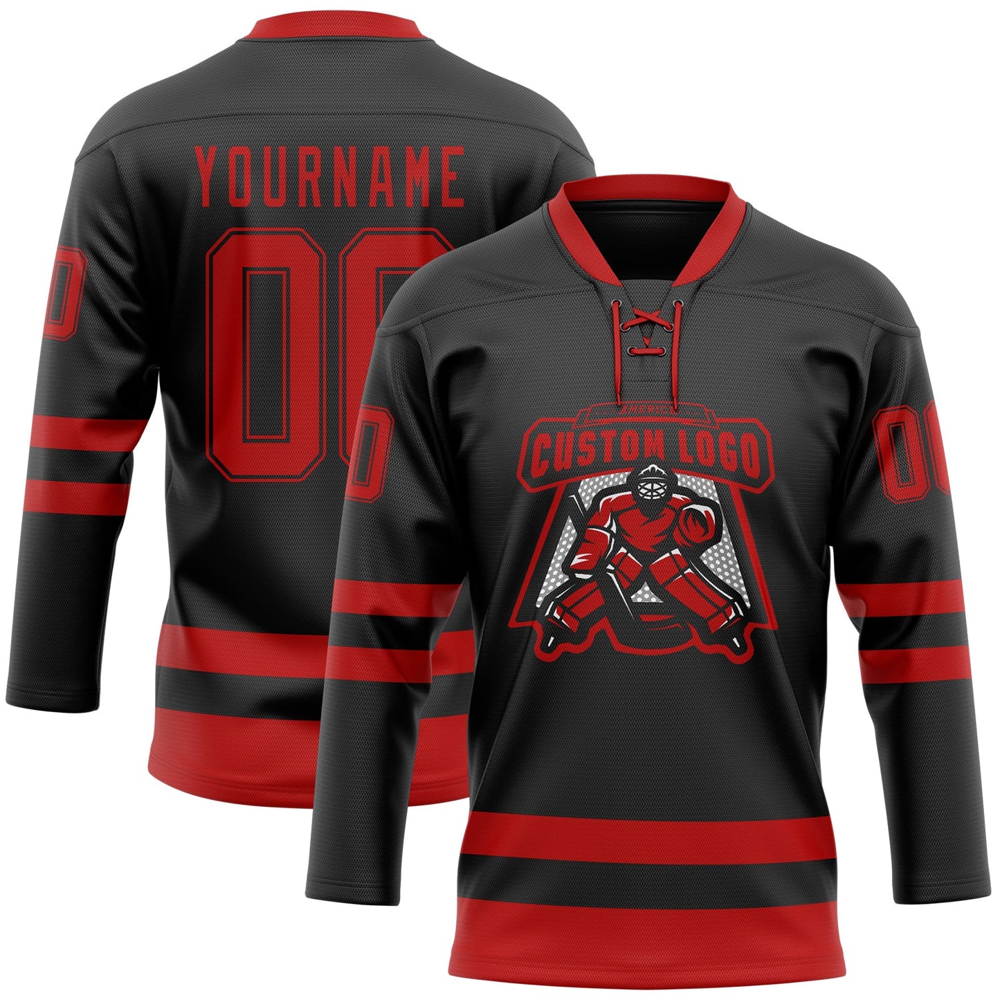 Custom Black Red Hockey Lace Neck Jersey view 2