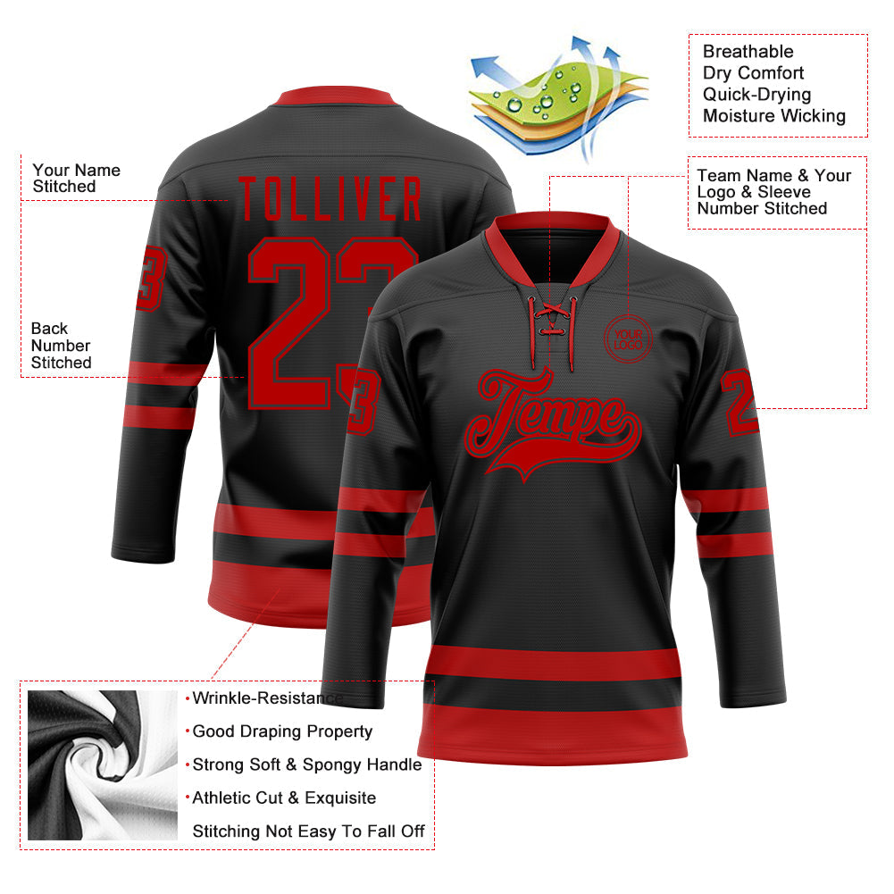 Custom Black Red Hockey Lace Neck Jersey view 3
