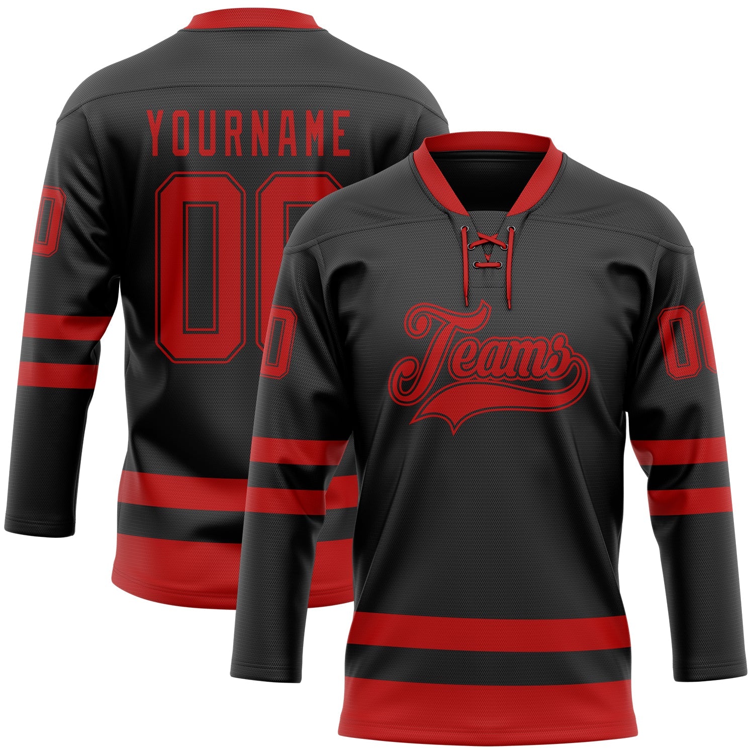 Custom Black Red Hockey Lace Neck Jersey - Main View