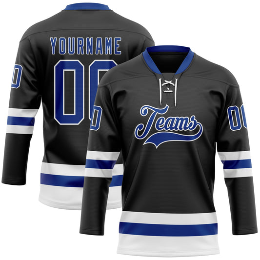Custom Black Royal-White Hockey Lace Neck Jersey - Main View