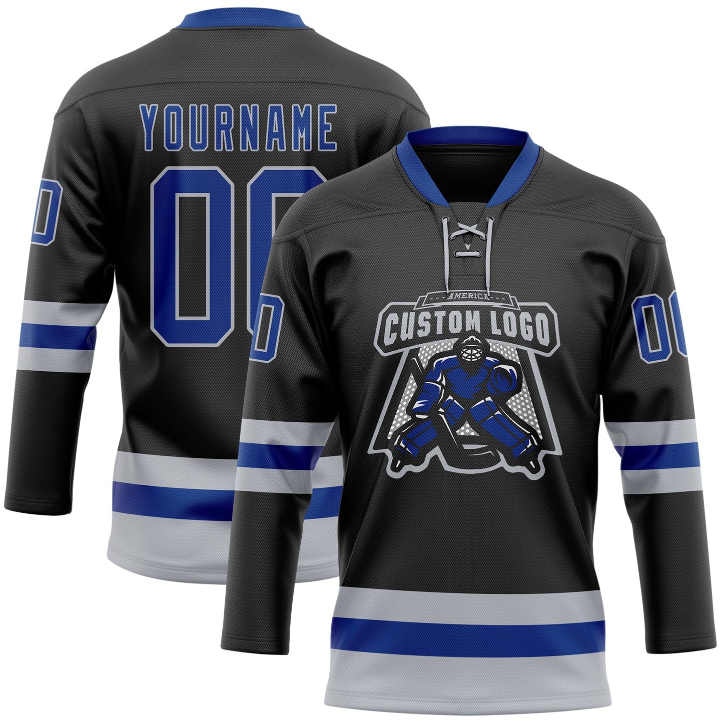 Custom Black Royal-Gray Hockey Lace Neck Jersey view 2