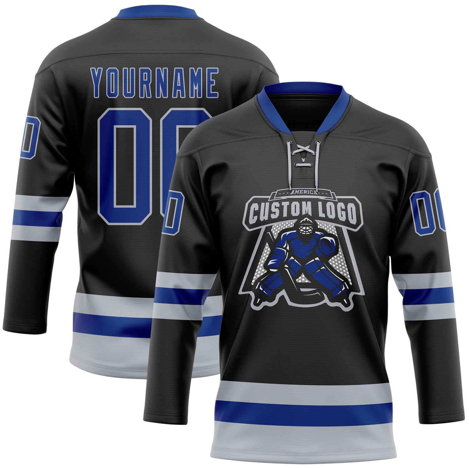 Custom Black Royal-Gray Hockey Lace Neck Jersey view 2
