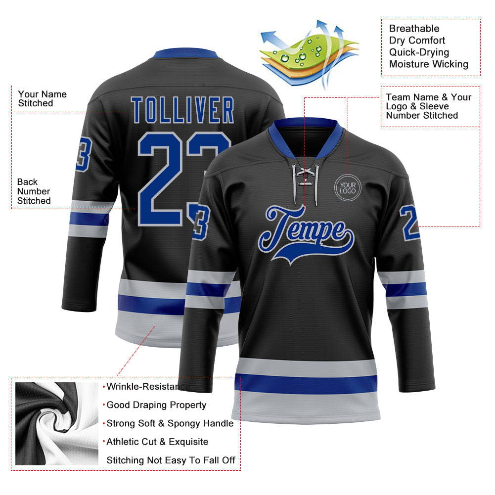 Custom Black Royal-Gray Hockey Lace Neck Jersey view 3