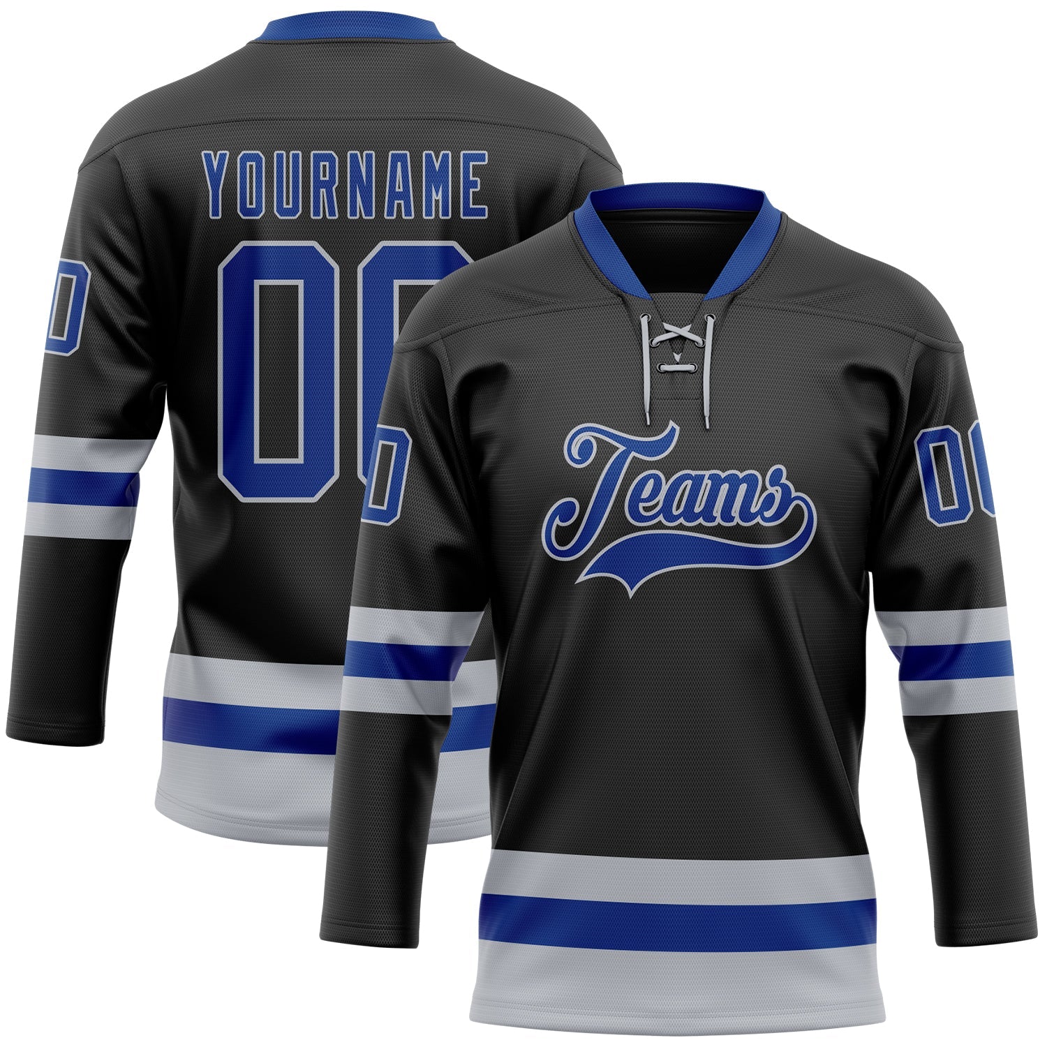 Custom Black Royal-Gray Hockey Lace Neck Jersey - Main View