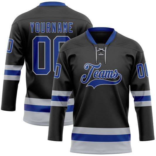 Custom Black Royal-Gray Hockey Lace Neck Jersey - Main View