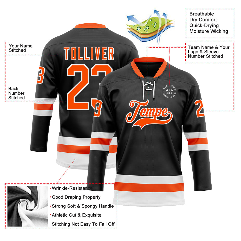 Custom Black Orange-White Hockey Lace Neck Jersey view 3