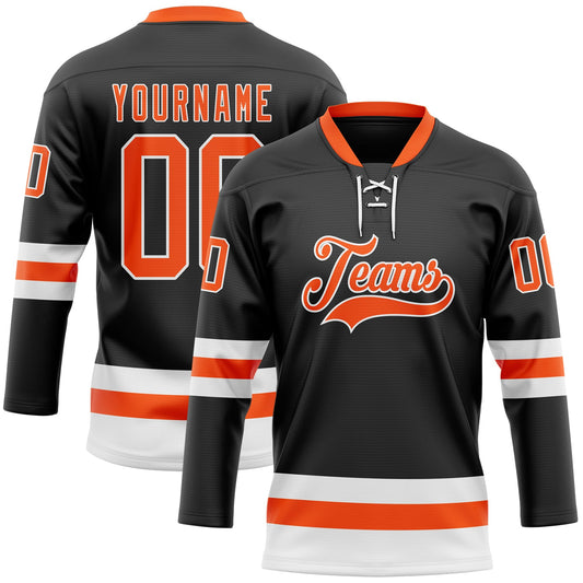 Custom Black Orange-White Hockey Lace Neck Jersey - Main View
