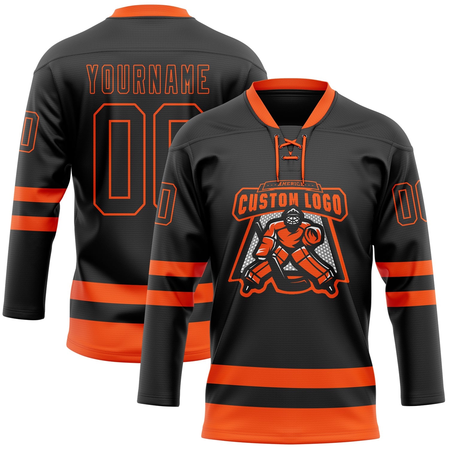 Custom Black Orange Hockey Lace Neck Jersey view 2