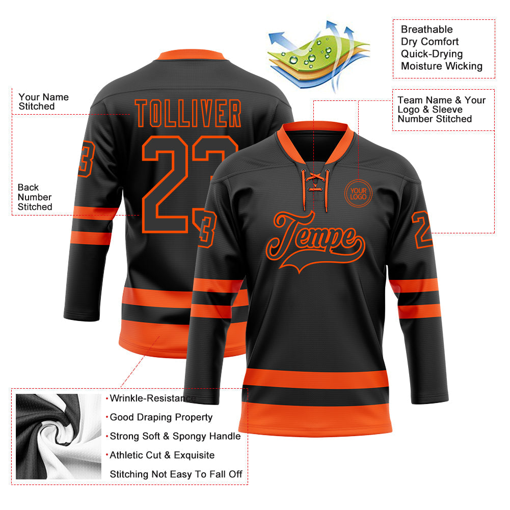 Custom Black Orange Hockey Lace Neck Jersey view 3
