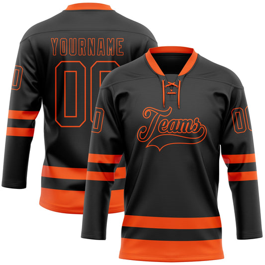 Custom Black Orange Hockey Lace Neck Jersey - Main View