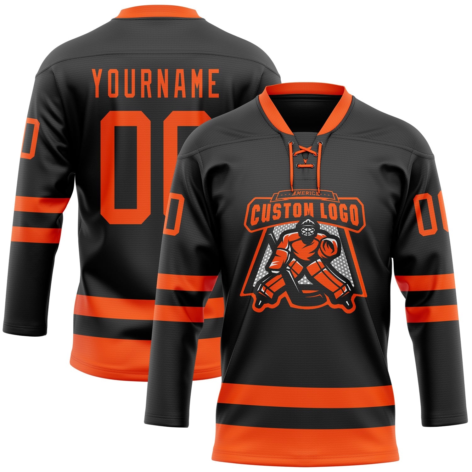 Custom Black Orange Hockey Lace Neck Jersey view 2
