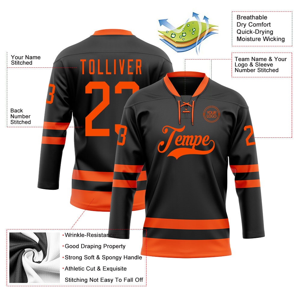 Custom Black Orange Hockey Lace Neck Jersey view 3