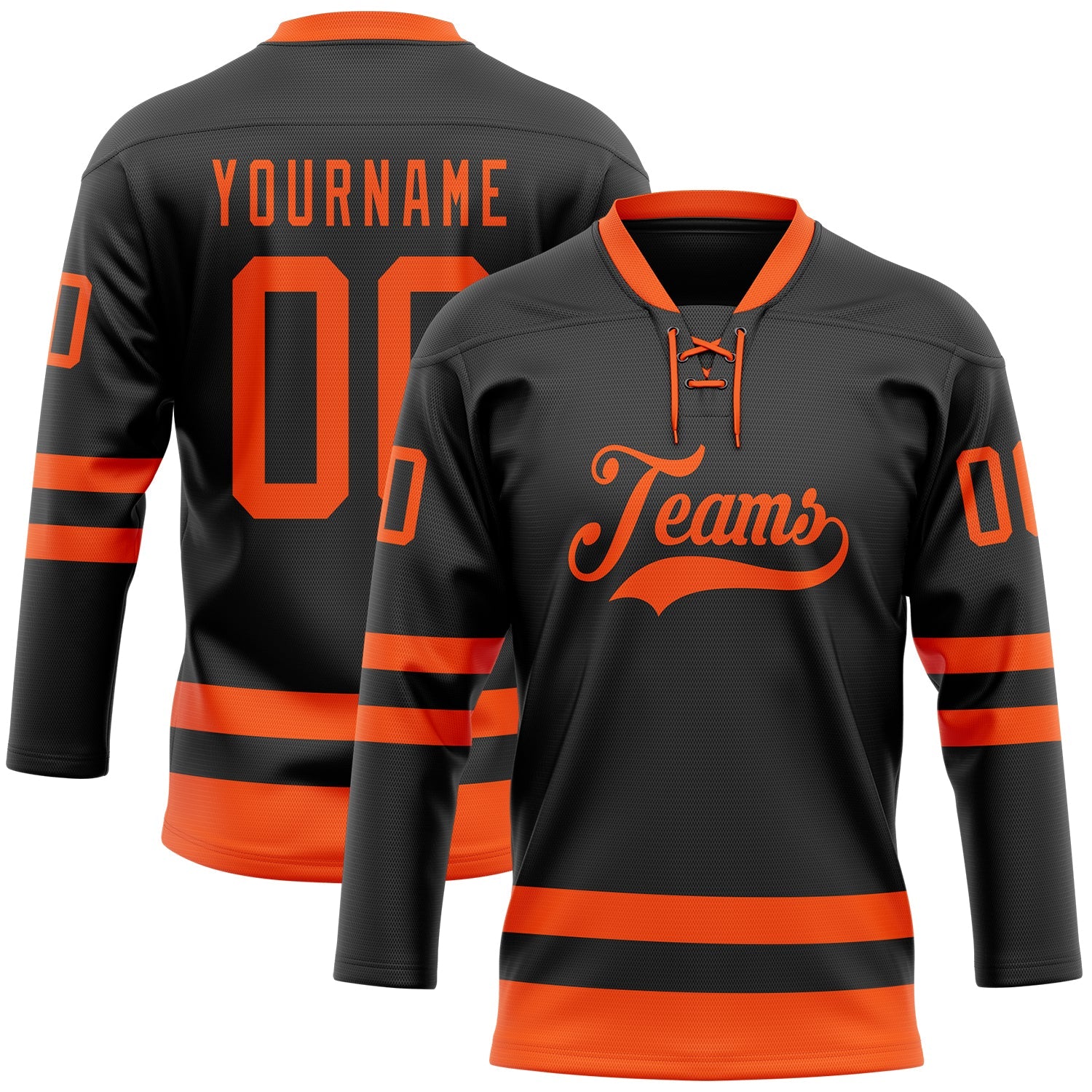 Custom Black Orange Hockey Lace Neck Jersey - Main View