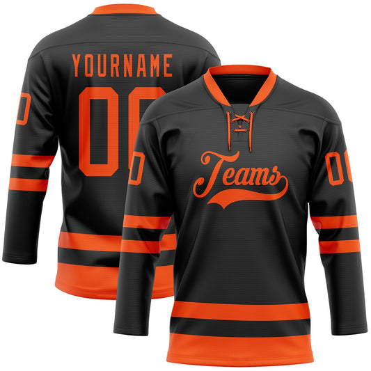 Custom Black Orange Hockey Lace Neck Jersey - Main View