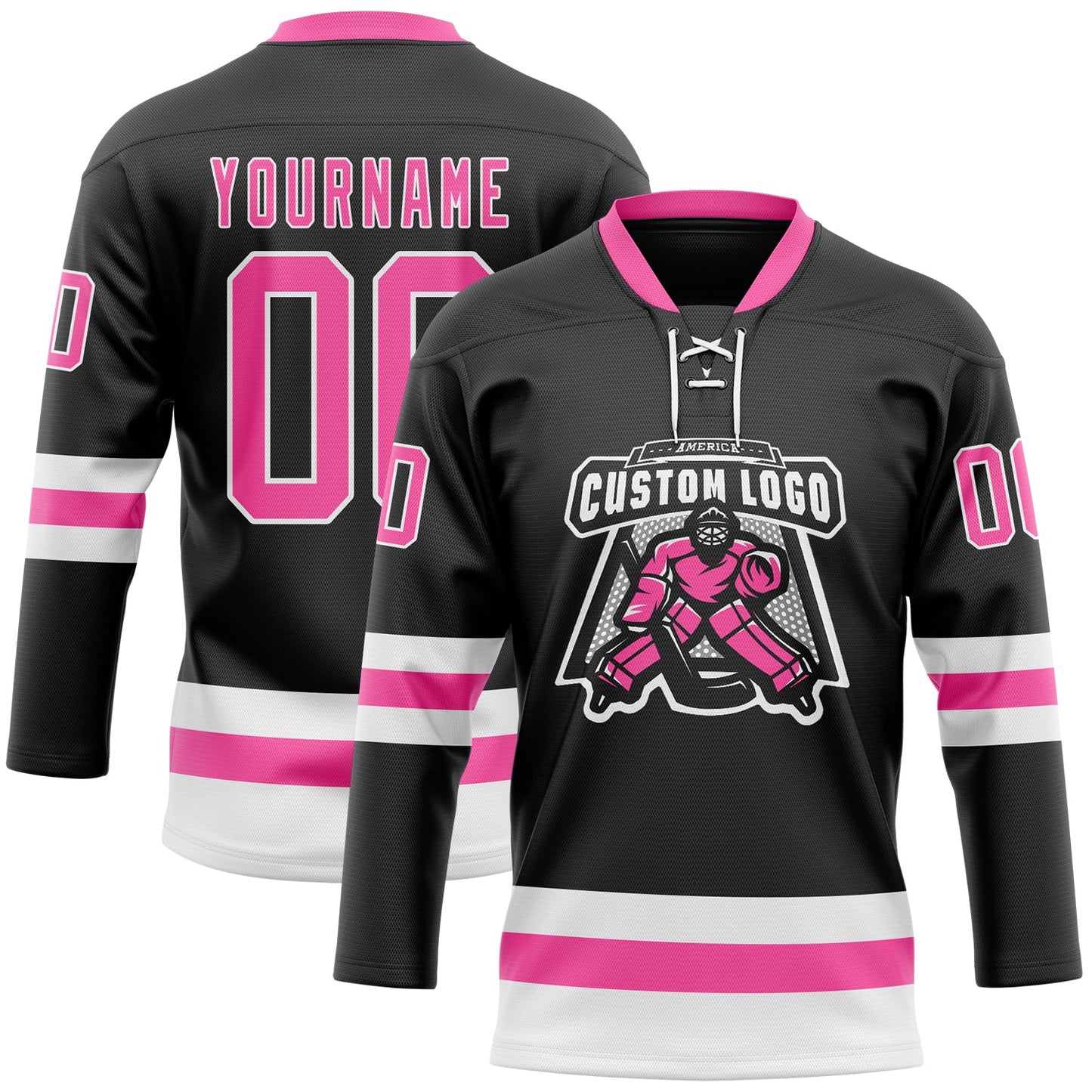 Custom Black Pink-White Hockey Lace Neck Jersey view 2