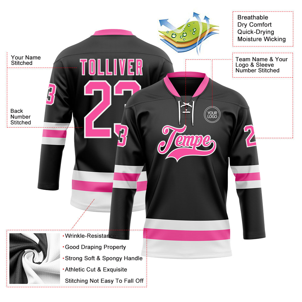 Custom Black Pink-White Hockey Lace Neck Jersey view 3