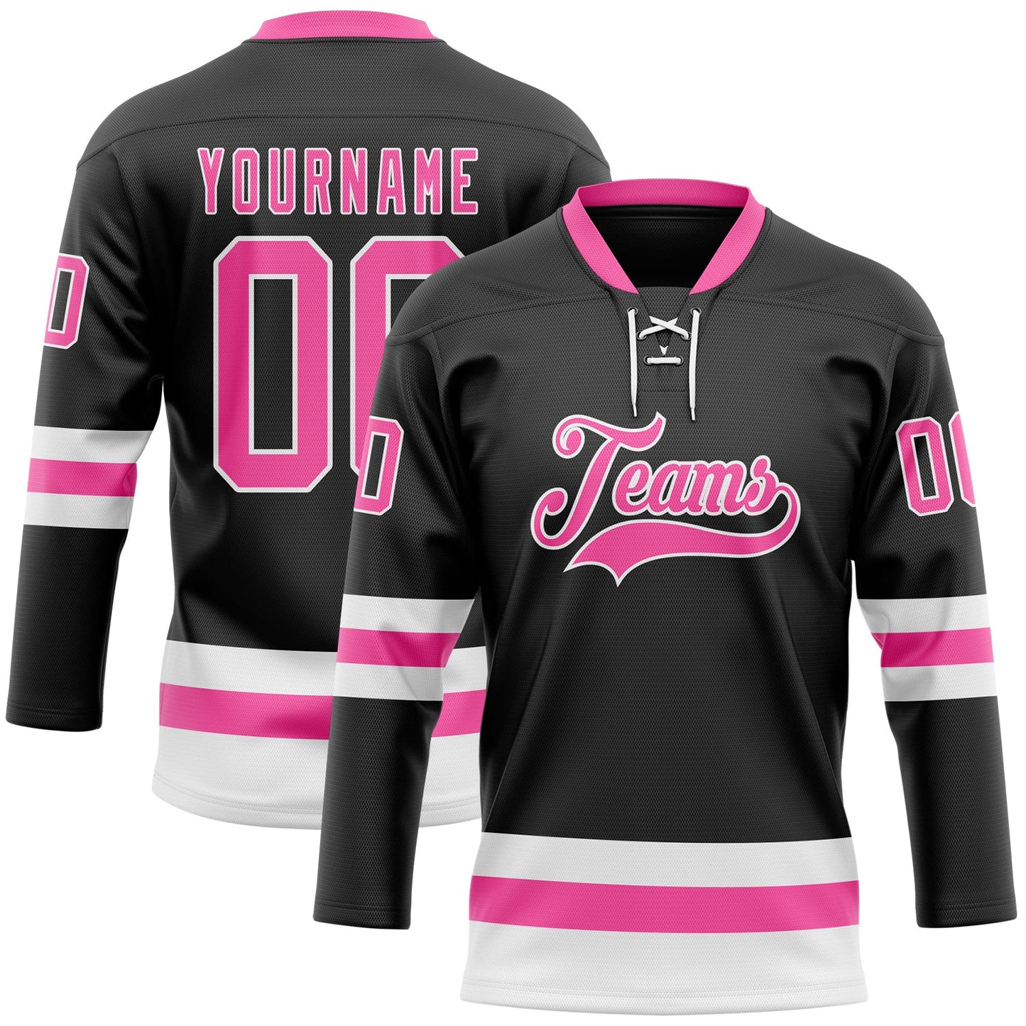 Custom Black Pink-White Hockey Lace Neck Jersey - Main View