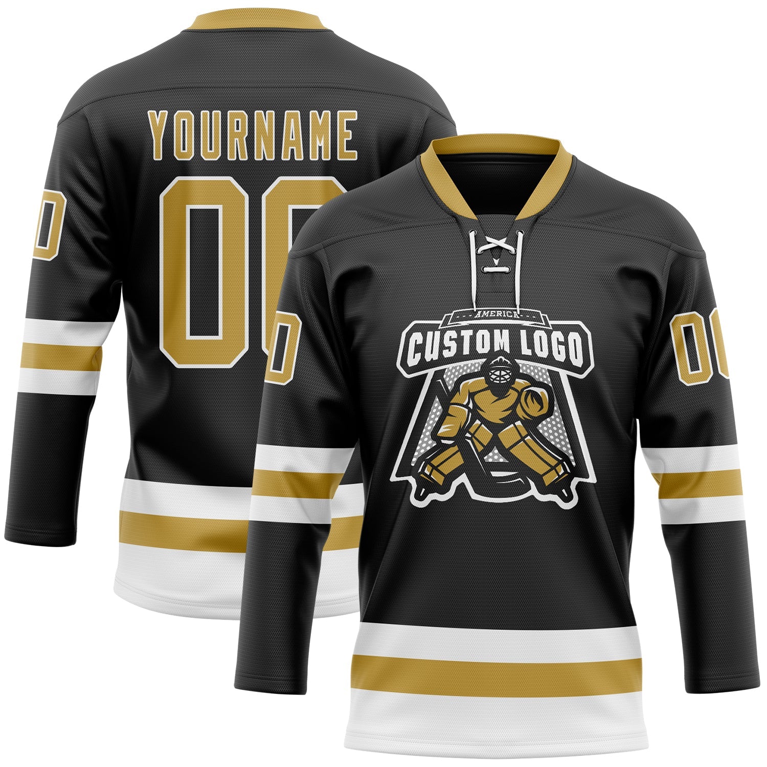Custom Black Old Gold-White Hockey Lace Neck Jersey view 2