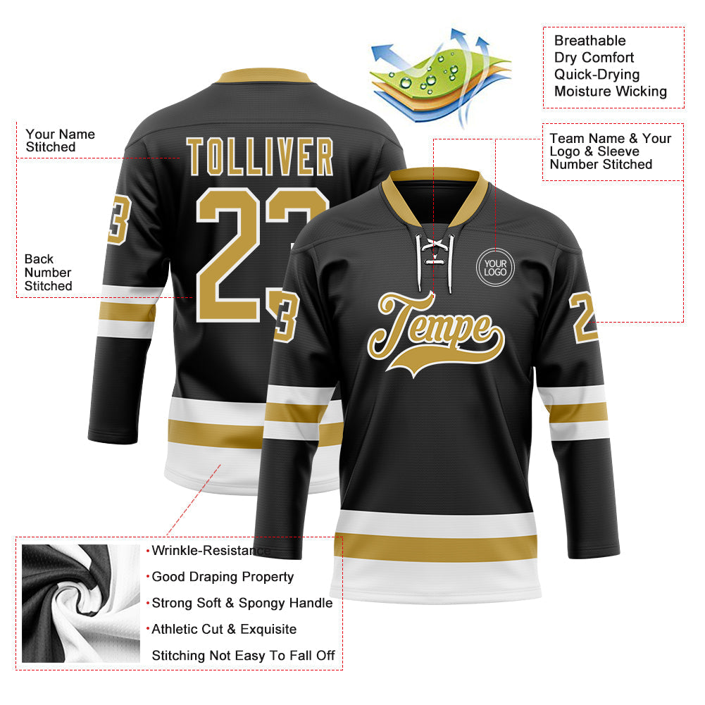 Custom Black Old Gold-White Hockey Lace Neck Jersey view 3