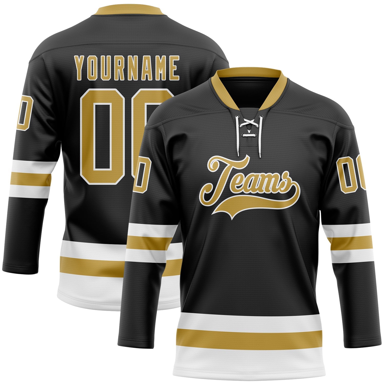 Custom Black Old Gold-White Hockey Lace Neck Jersey - Main View