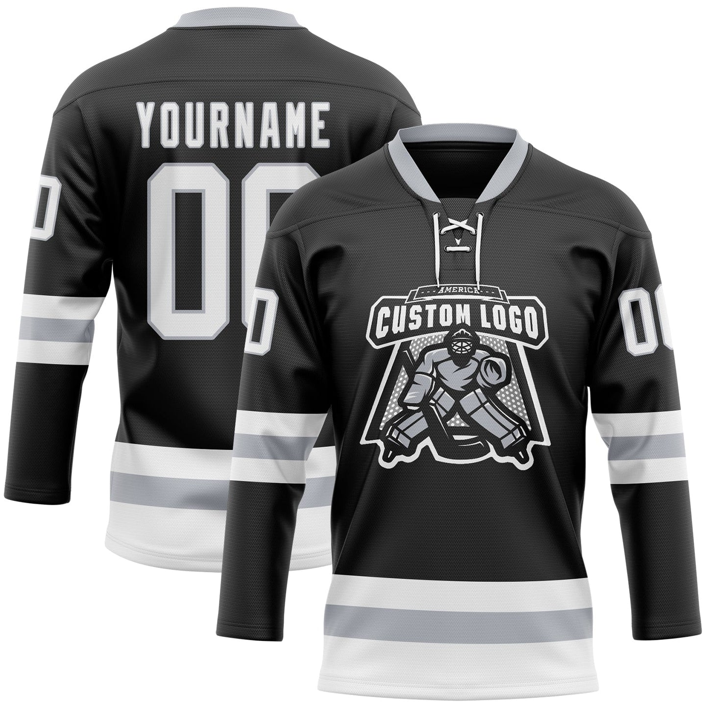 Custom Black White-Gray Hockey Lace Neck Jersey view 2