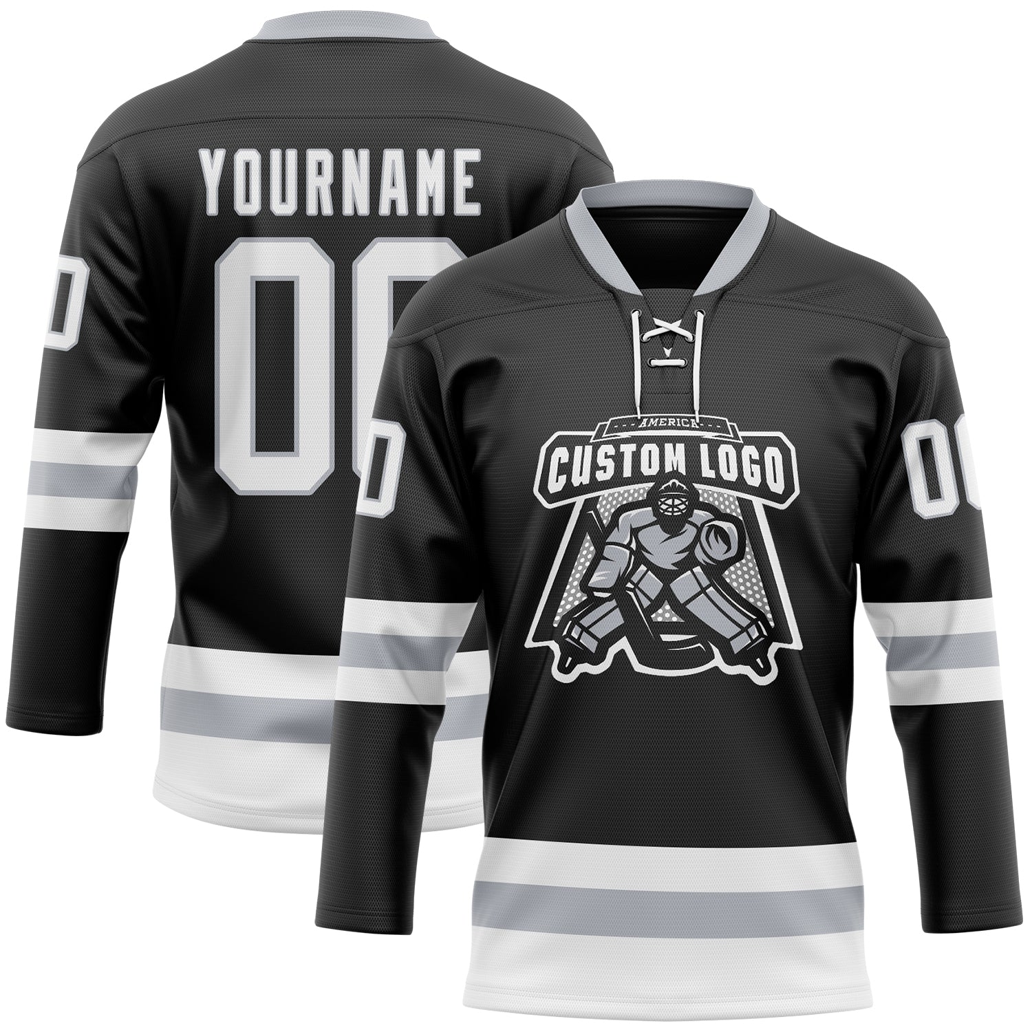Custom Black White-Gray Hockey Lace Neck Jersey view 2