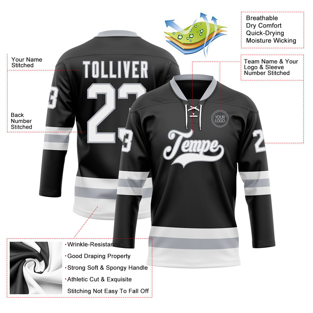 Custom Black White-Gray Hockey Lace Neck Jersey view 3