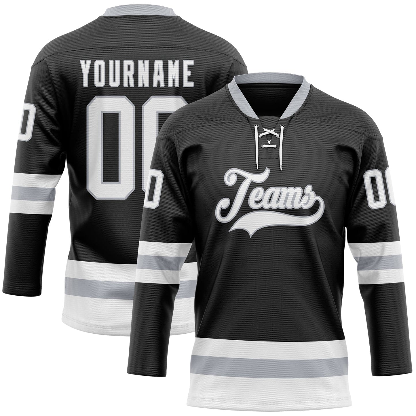 Custom Black White-Gray Hockey Lace Neck Jersey - Main View