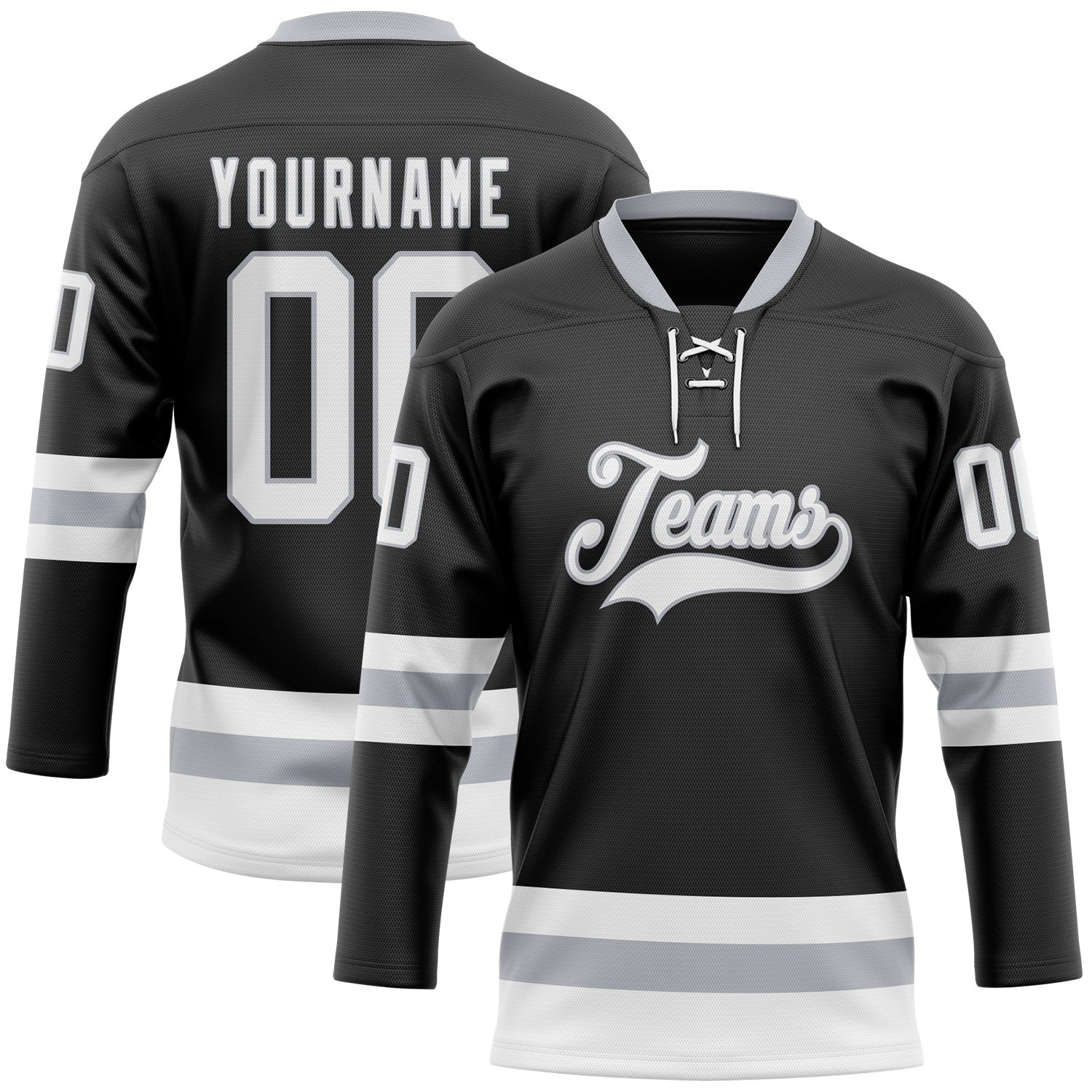 Custom Black White-Gray Hockey Lace Neck Jersey - Main View