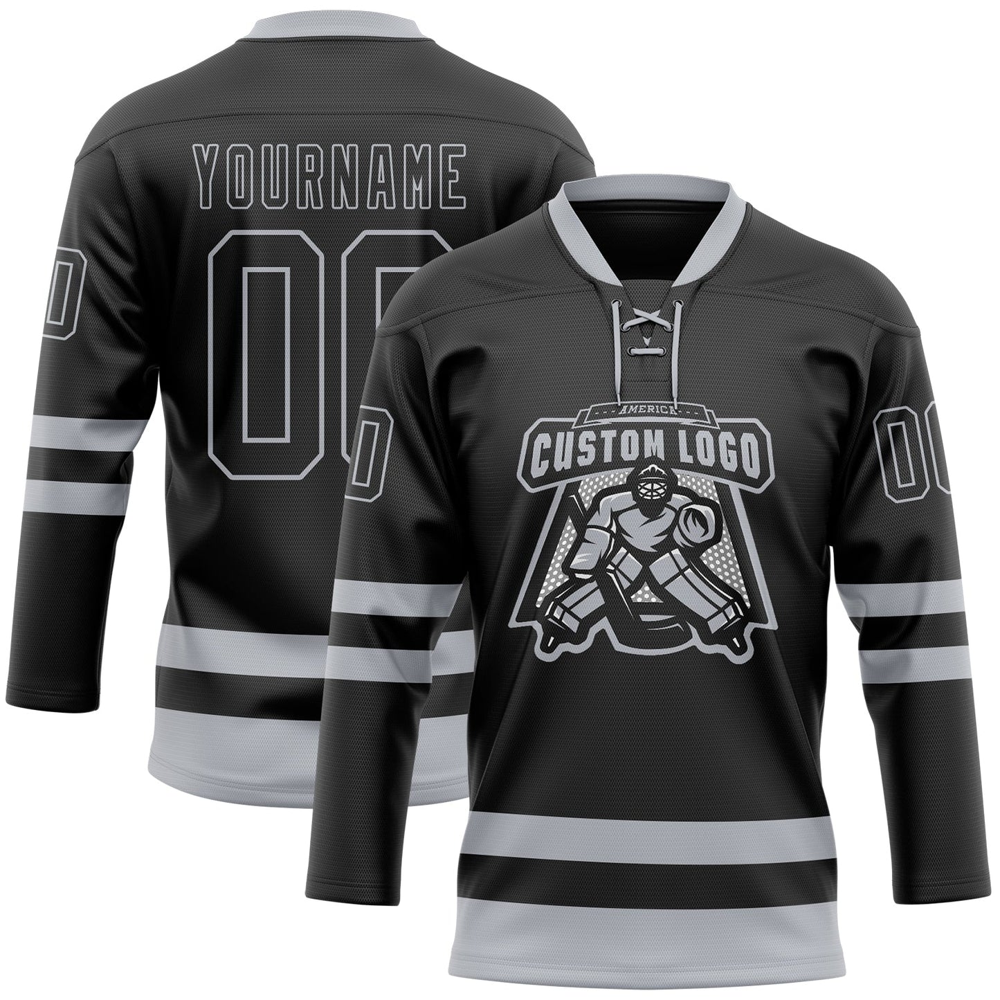 Custom Black Gray Hockey Lace Neck Jersey view 2