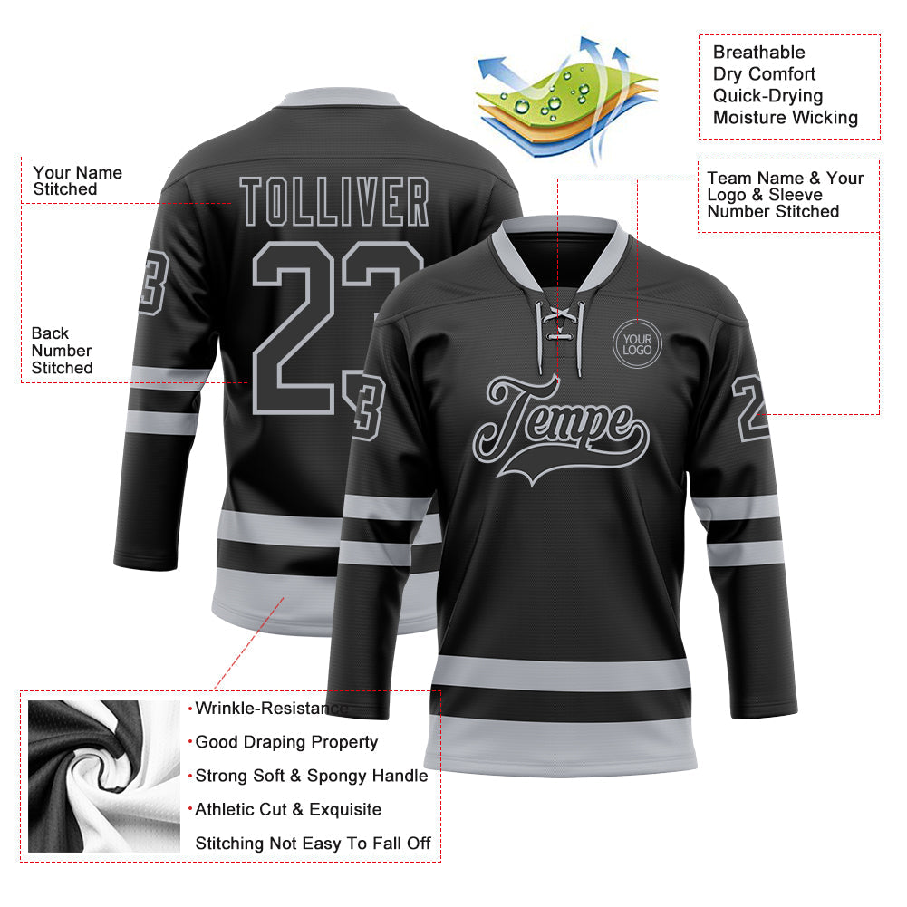 Custom Black Gray Hockey Lace Neck Jersey view 3