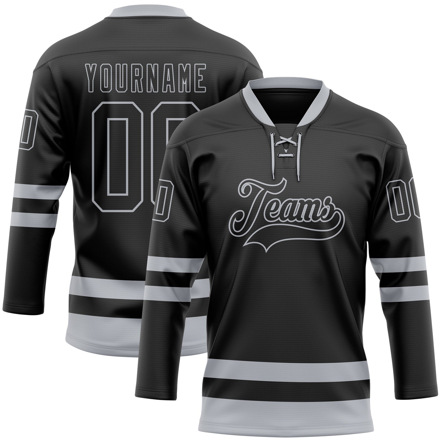 Custom Black Gray Hockey Lace Neck Jersey - Main View