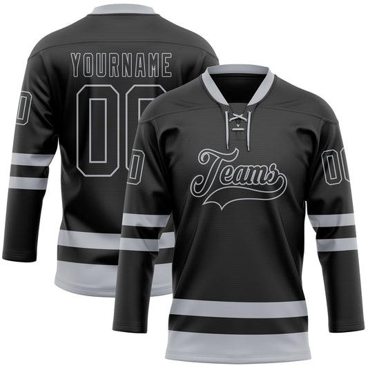 Custom Black Gray Hockey Lace Neck Jersey - Main View