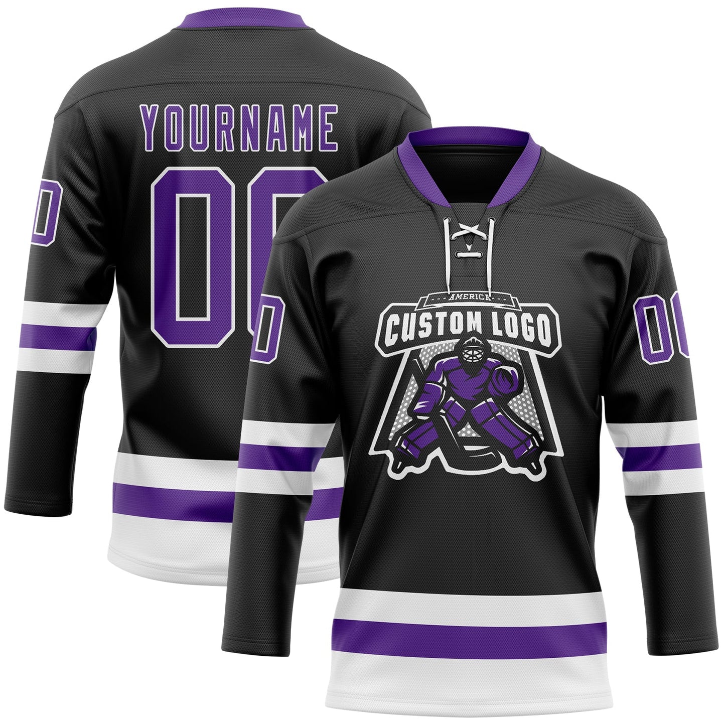 Custom Black Purple-White Hockey Lace Neck Jersey view 2