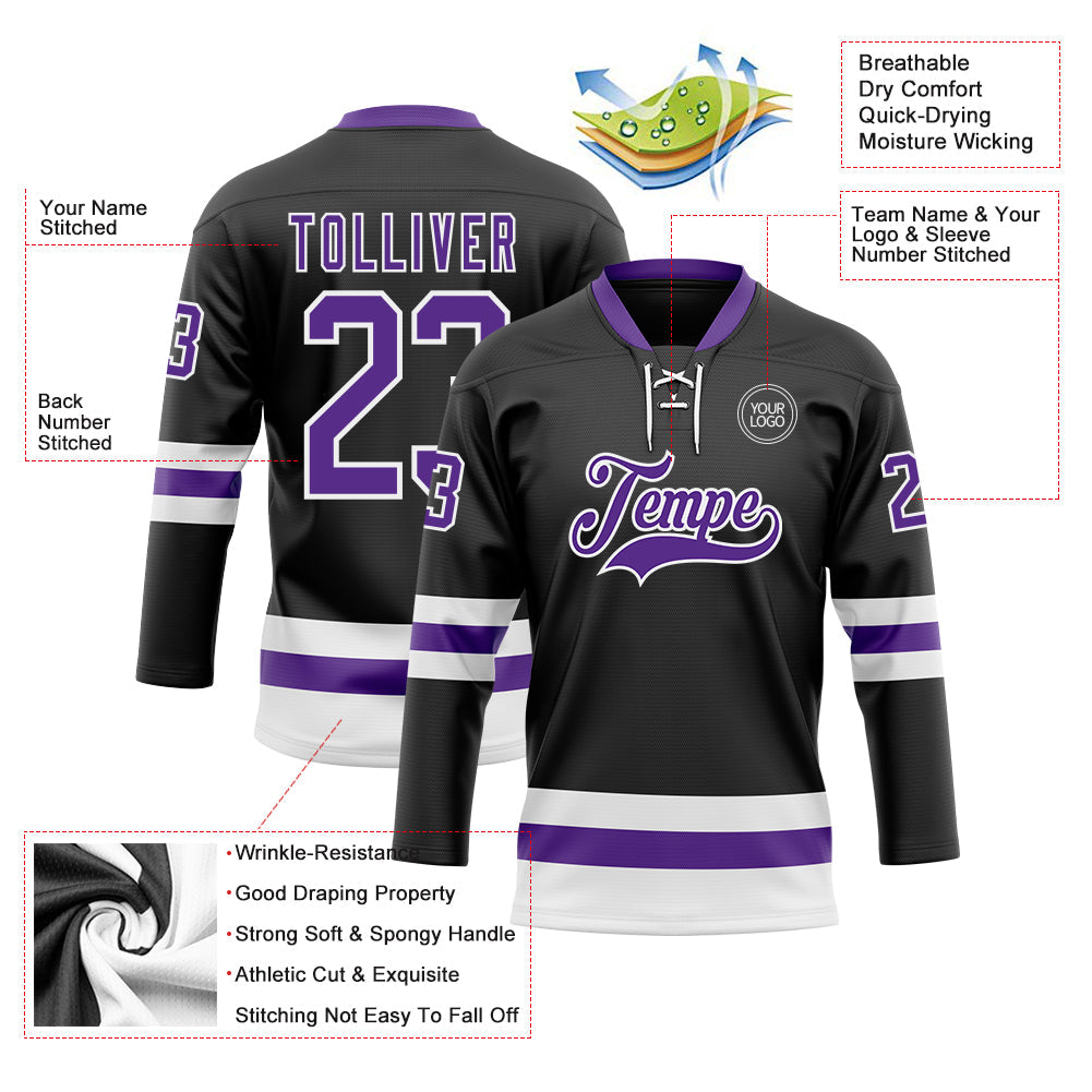 Custom Black Purple-White Hockey Lace Neck Jersey view 3