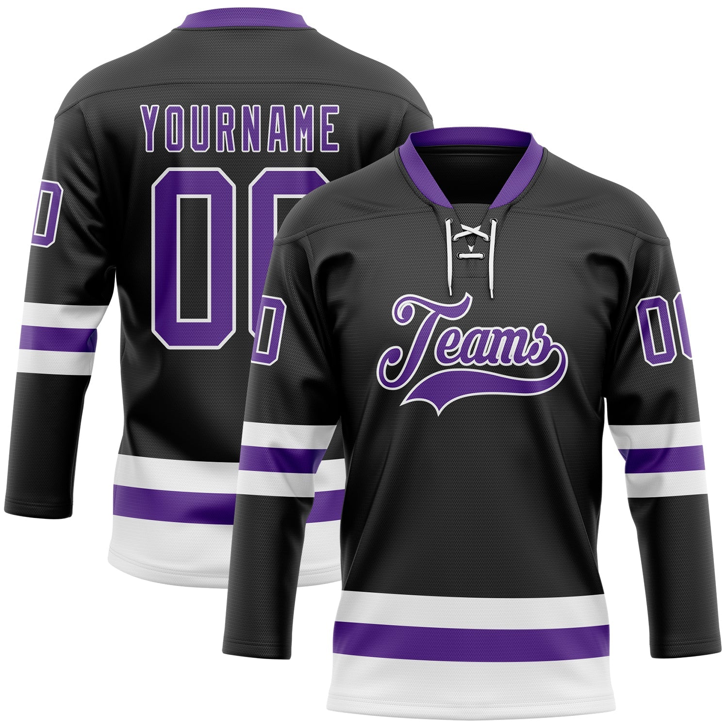 Custom Black Purple-White Hockey Lace Neck Jersey - Main View