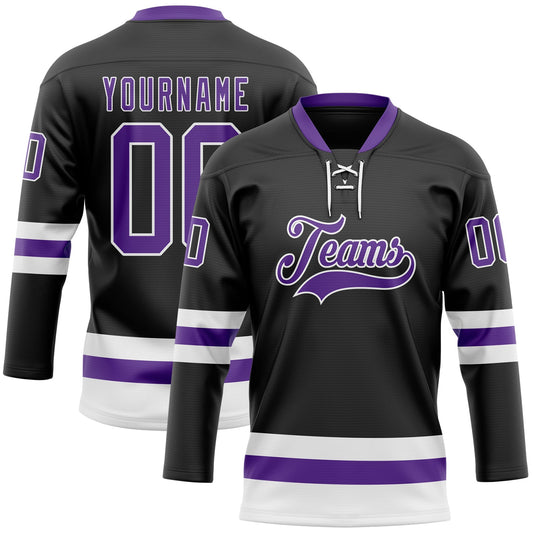 Custom Black Purple-White Hockey Lace Neck Jersey - Main View