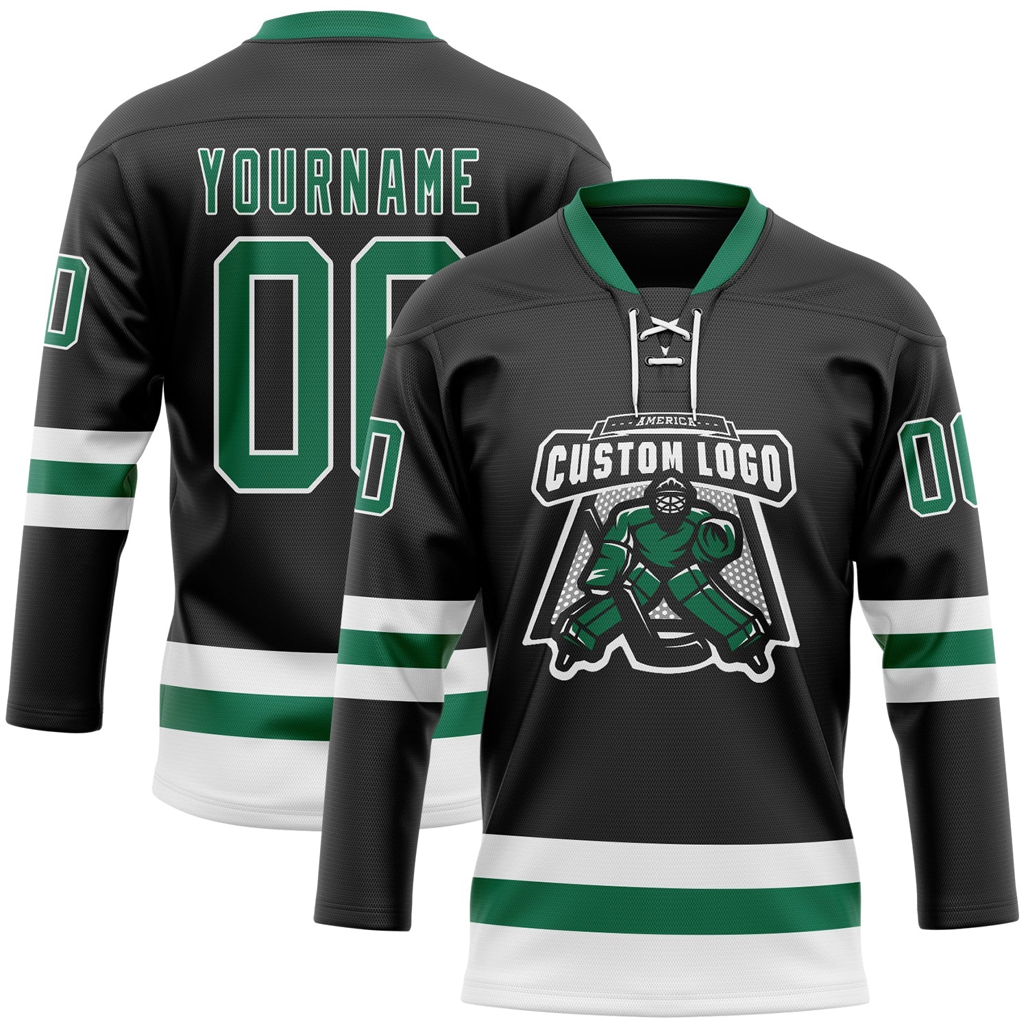 Custom Black Kelly Green-White Hockey Lace Neck Jersey view 2