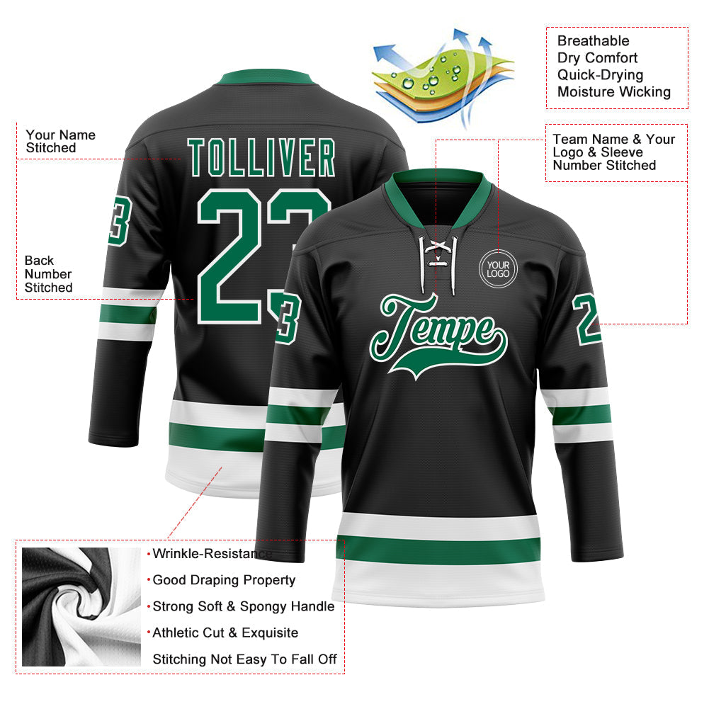 Custom Black Kelly Green-White Hockey Lace Neck Jersey view 3